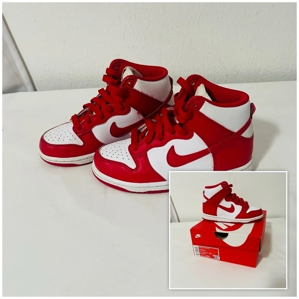 Nike Dunk High (PS) White/University Red Size 13.5 DD2314-106 School Casual EUC